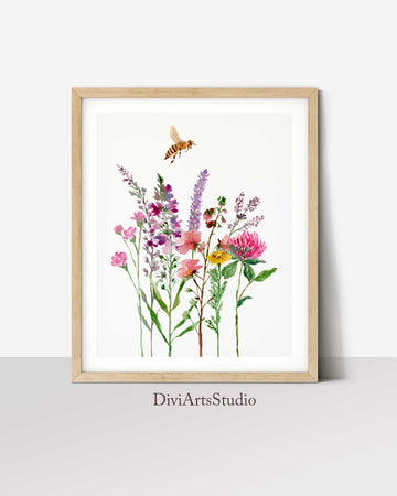 Wildflowers Bee Art Print, Lavender Honeybee Wall Art, Wildflowers Wall Decor, Red clover flowers Watercolour Illustration, Floral Wall Art
